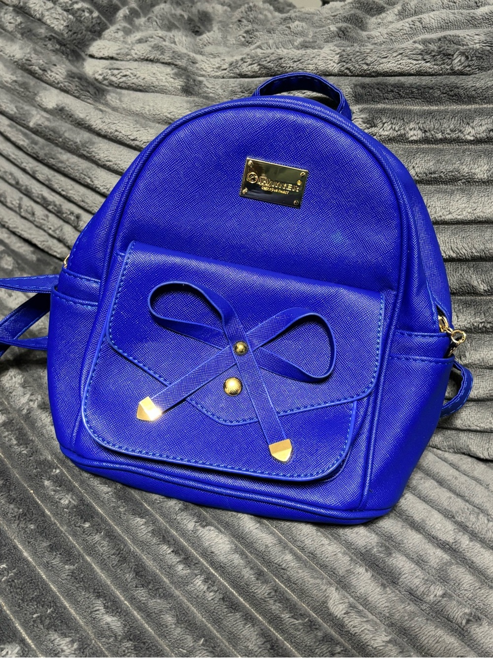 Mini Bow-Accent Blue Backpack with Gold Hardware